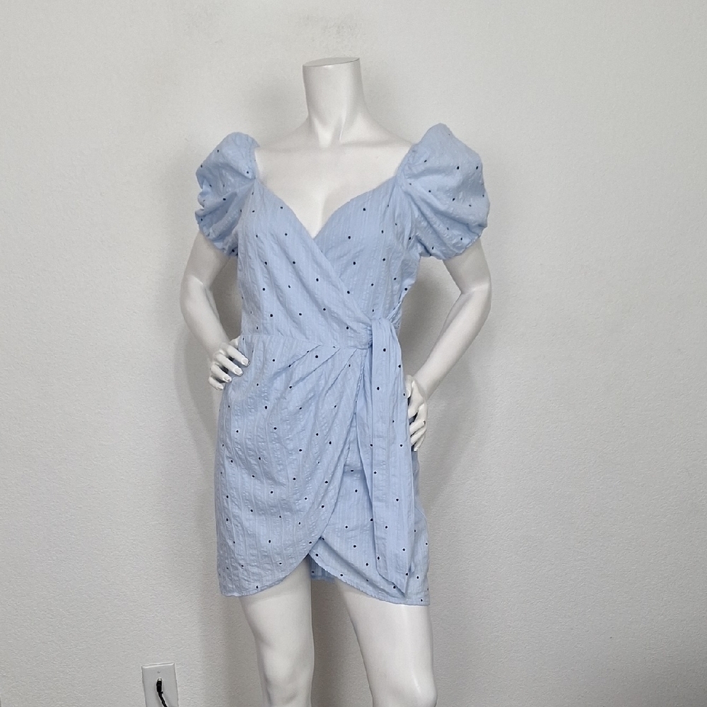Gianni Bini Blue Cottagecore Coquette Short Puff Sleeve Wrap Mini Dress Size S